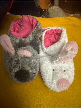 Munchkin Gray & White Bunny Slippers with Pink Lining
